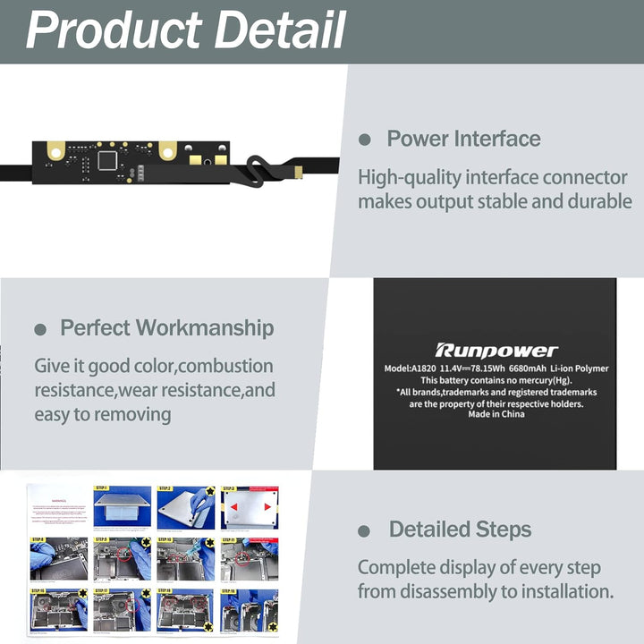 A1820 Batterie,Runpower Laptop Batterie Kompatibel mit MacBook Pro 15 Zoll(Late 2016 Mid 2017),Ersat