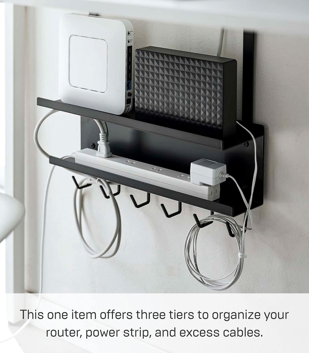 Yamazaki 5462 SMART Unter-Tisch Kabel- & Router-Organizer, schwarz, Stahl, Minimalistisches Design,