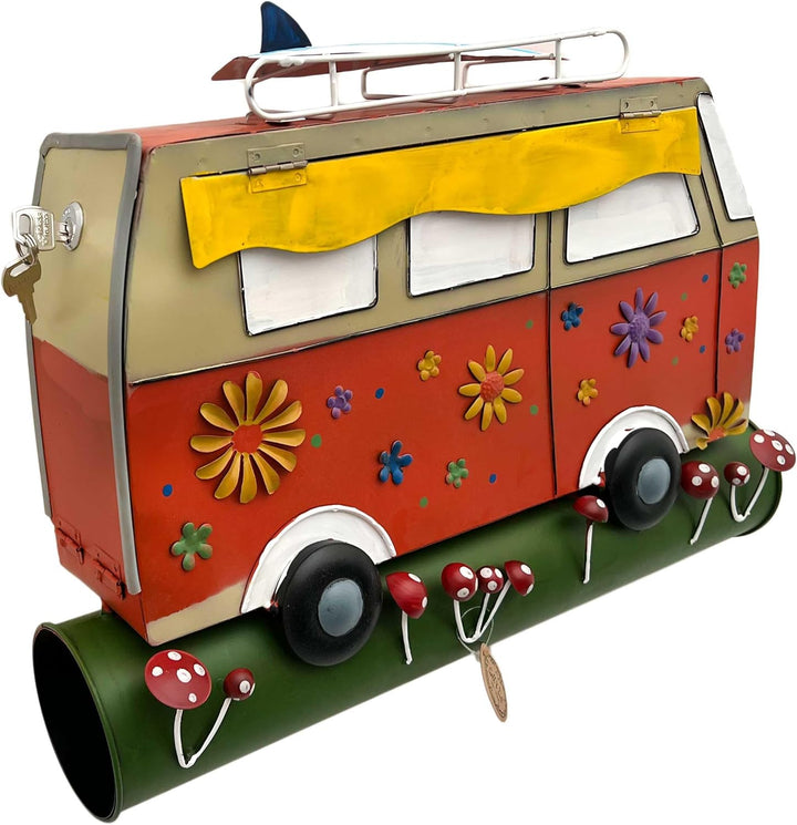 Briefkasten Postkasten Metall bemalt,Wandbriefkasten mit Zeitungsrolle A4, (Campervan rot), Camperva