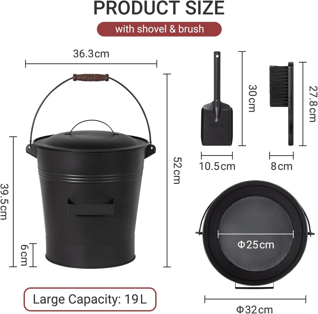 Todeco Ascheeimer Metall 19 L mit Deckel, Schaufel & Bürste, Hitzebeständiger, Holzgriff, Für Kamin,