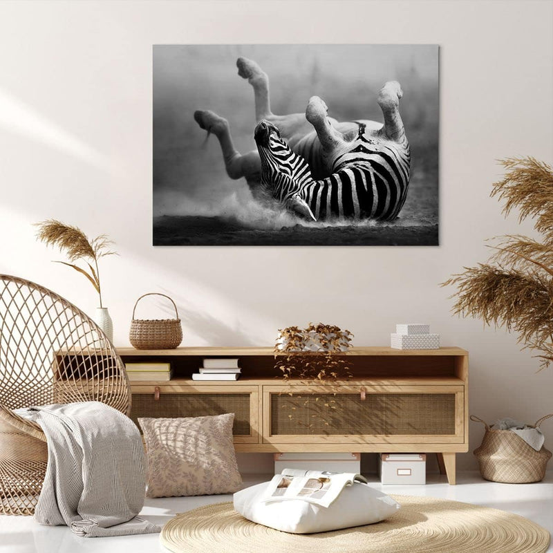 Bilder auf Leinwand 100x70cm Leinwandbild Zebra Streifen Tier wild Gross Wanddeko Bild Schlafzimmer