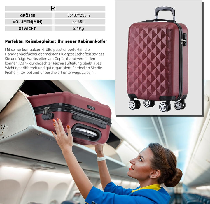 BEIBYE Zwillingsrollen 2066 Hartschale Trolley Koffer Reisekoffer Gepäck M-L-XL-Set (Weinrot, Set) W