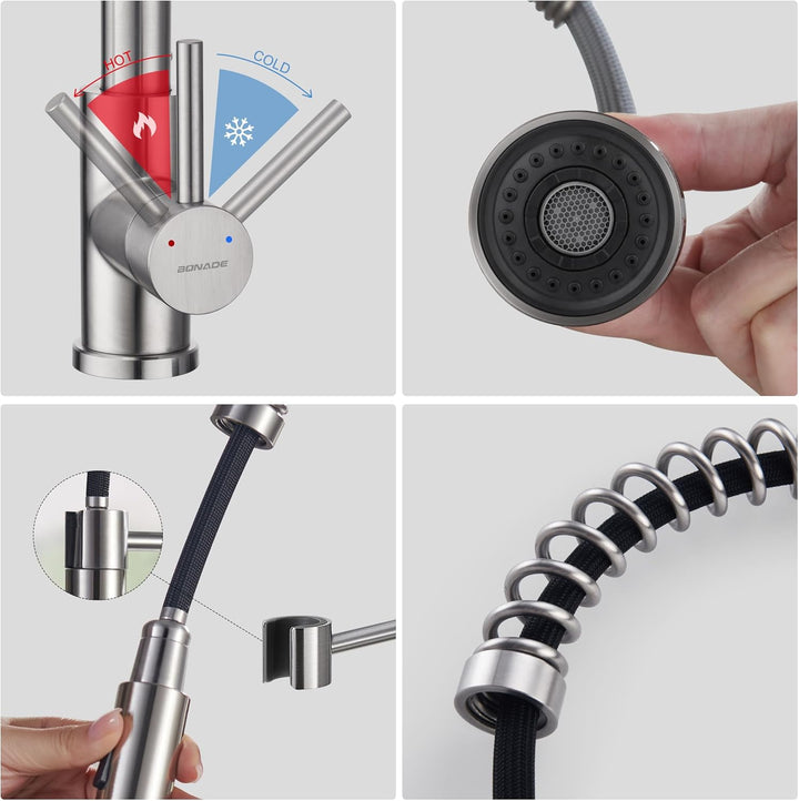 BONADE Niederdruck Armatur Küche Ausziehbar, Spiralfederarmatur mit Brause, 360° Drehbar Wasserhahn