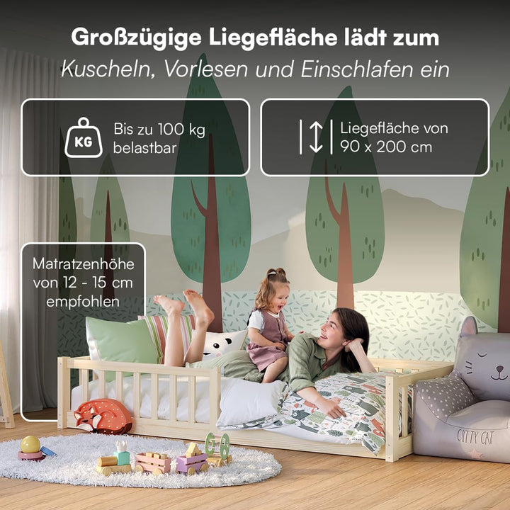 Bellabino Vere Bodenbett 90x200 cm, Massivholz Kiefer, Kleinkindbett, Natur | Montessori Kinderbett