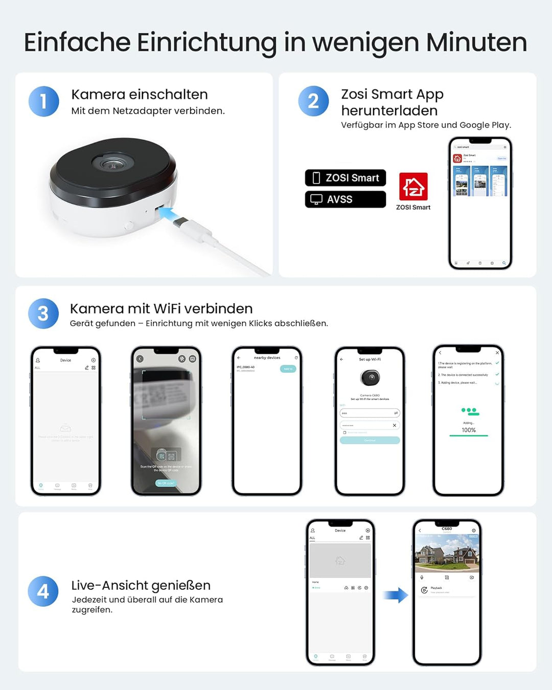 ZOSI 2er C680 2K Fenster Überwachungskamera mit Vollfarb-Nachtsicht, 3MP 2,4/5GHz WLAN Innen Kamera,