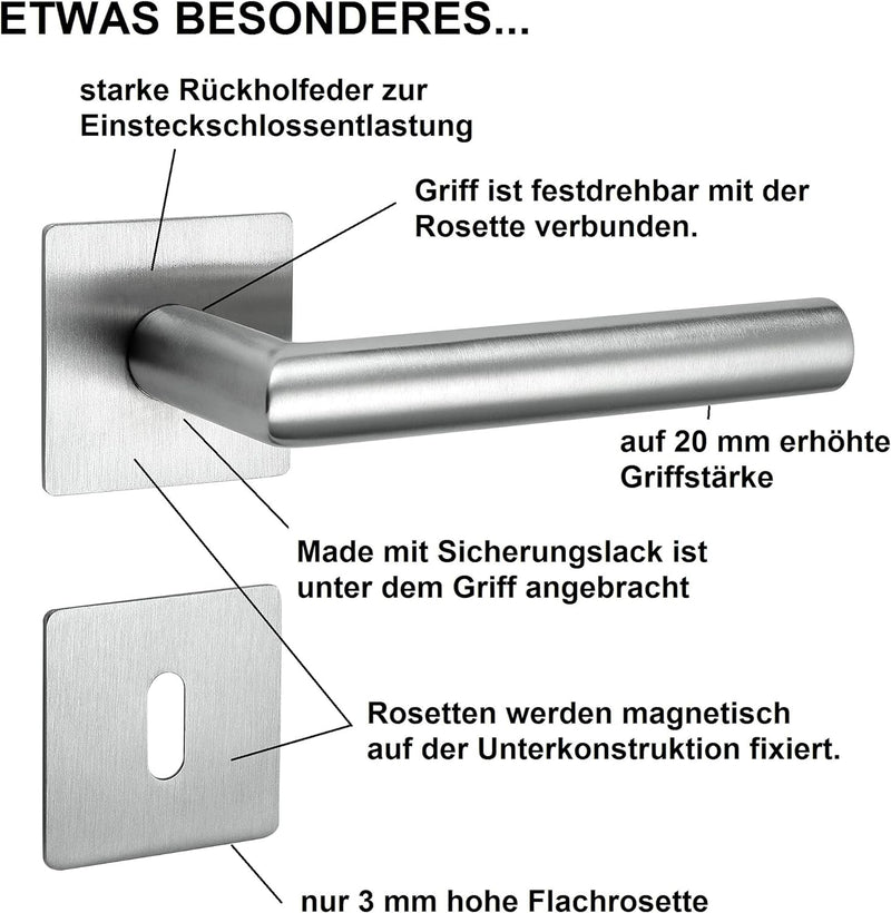 Drückergarnitur New Orleans Q | 3 mm Magnet-Flachrosette | festdrehbare Lagerung | V2A Edelstahl mat