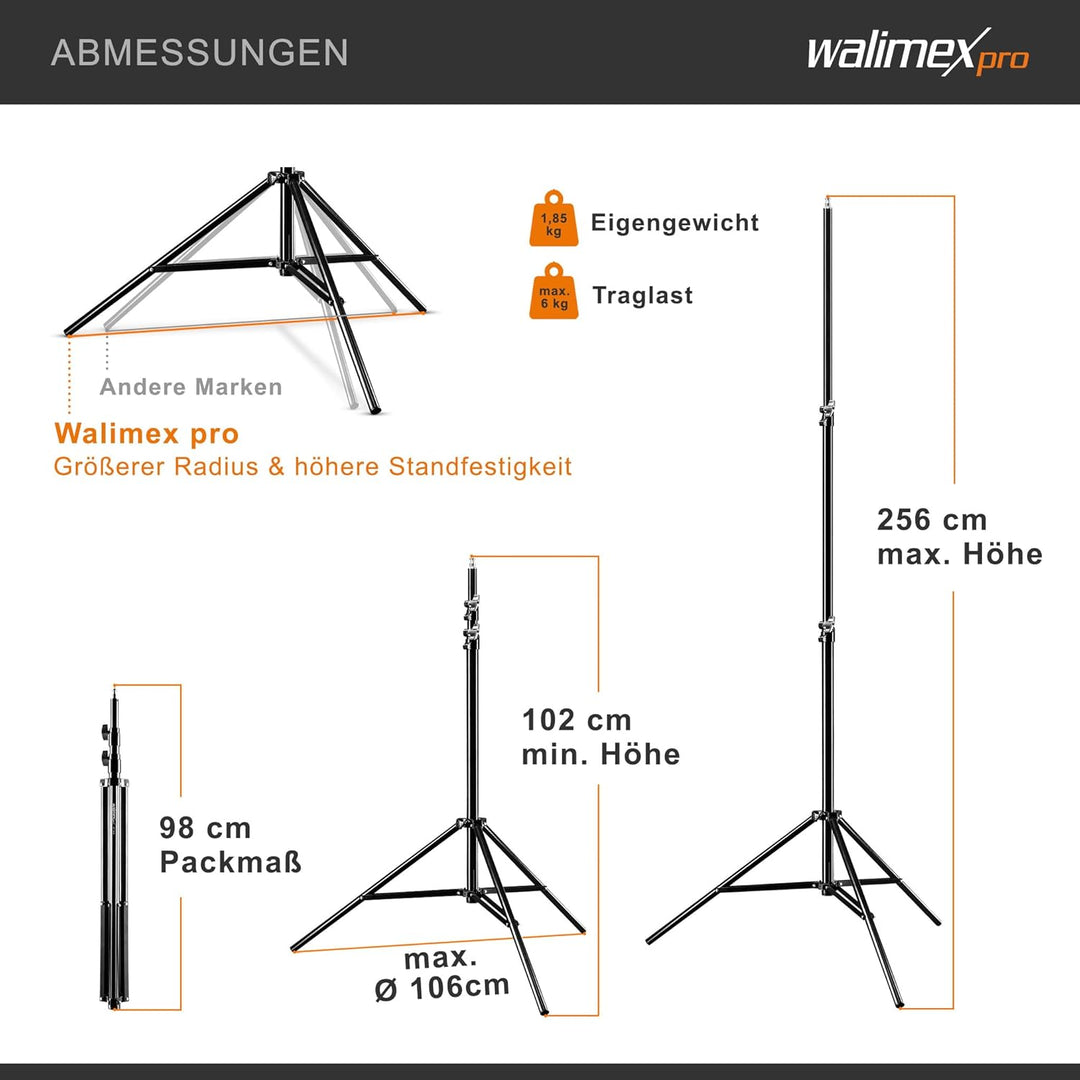 Walimex pro Lampenstativ WT-806 mit Federdämpfung I Höhe max. 256cm I stabiles Lichtstativ belastbar