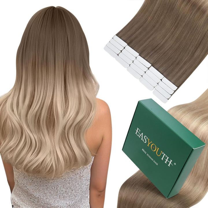 Easyouth Balayage Tape Extensions Echthaar Tape in Extensions Aschbraun Platinblond und Aschblond Mi