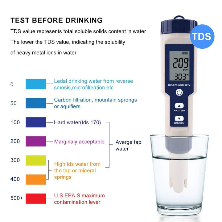5 in 1 tragbares digitales PH Salzgehaltstemperatur TDS EC Messgerät Multifunktionales Wasserqualitä