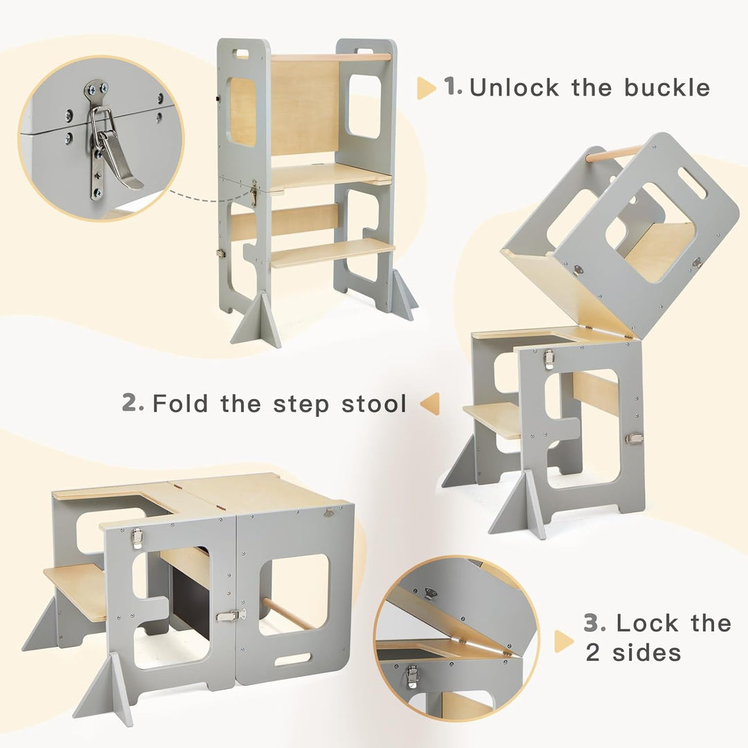labebe Lernturm für Kinder, Montessori Learning Tower mit Tafel, Multifunktion 3 in 1 Faltbarer Lern