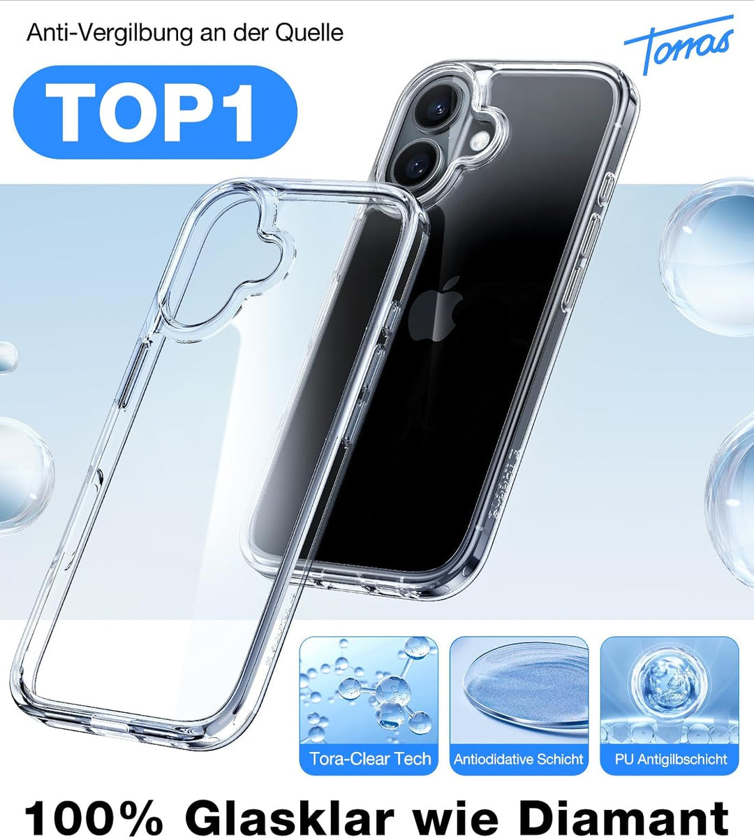 TORRAS Diamond für iPhone 16 Hülle [TOP Militärstandard FallSchutz] [Nie Vergilbung] Stossfeste Hand