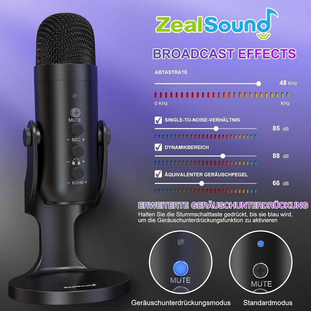 zealsound USB Mikrofon, Kondensator Mikrofon für PC Handy, PS4, PS5, Microphone PC USB C für Gaming,