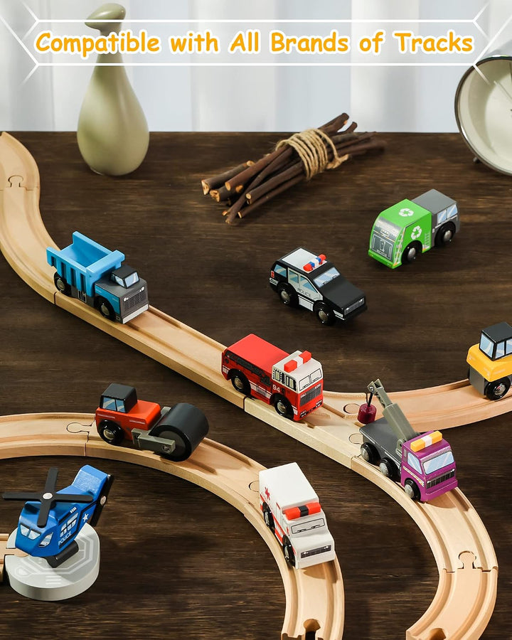 SainSmart Jr. Holzfahrzeuge Set (10 Stück), Spielzeug Autos mit Feuerwehr, Polizei, Krankenwagen &amp; B