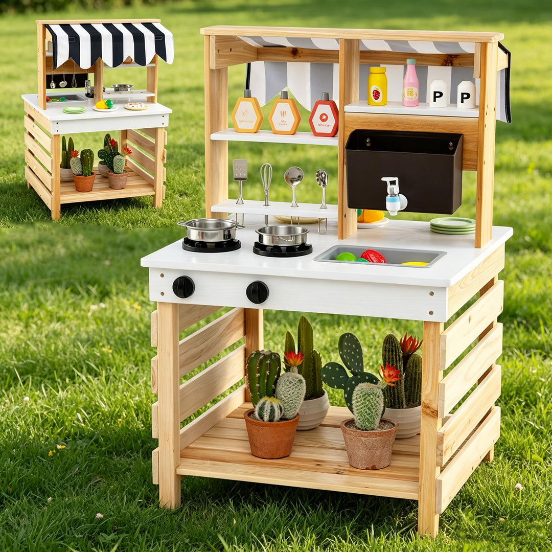 DREAMADE Matschküche Kinder Outdoor, Kinderküche aus Tannenholz mit Dach, Wassertank, Wasserhahn, Sp