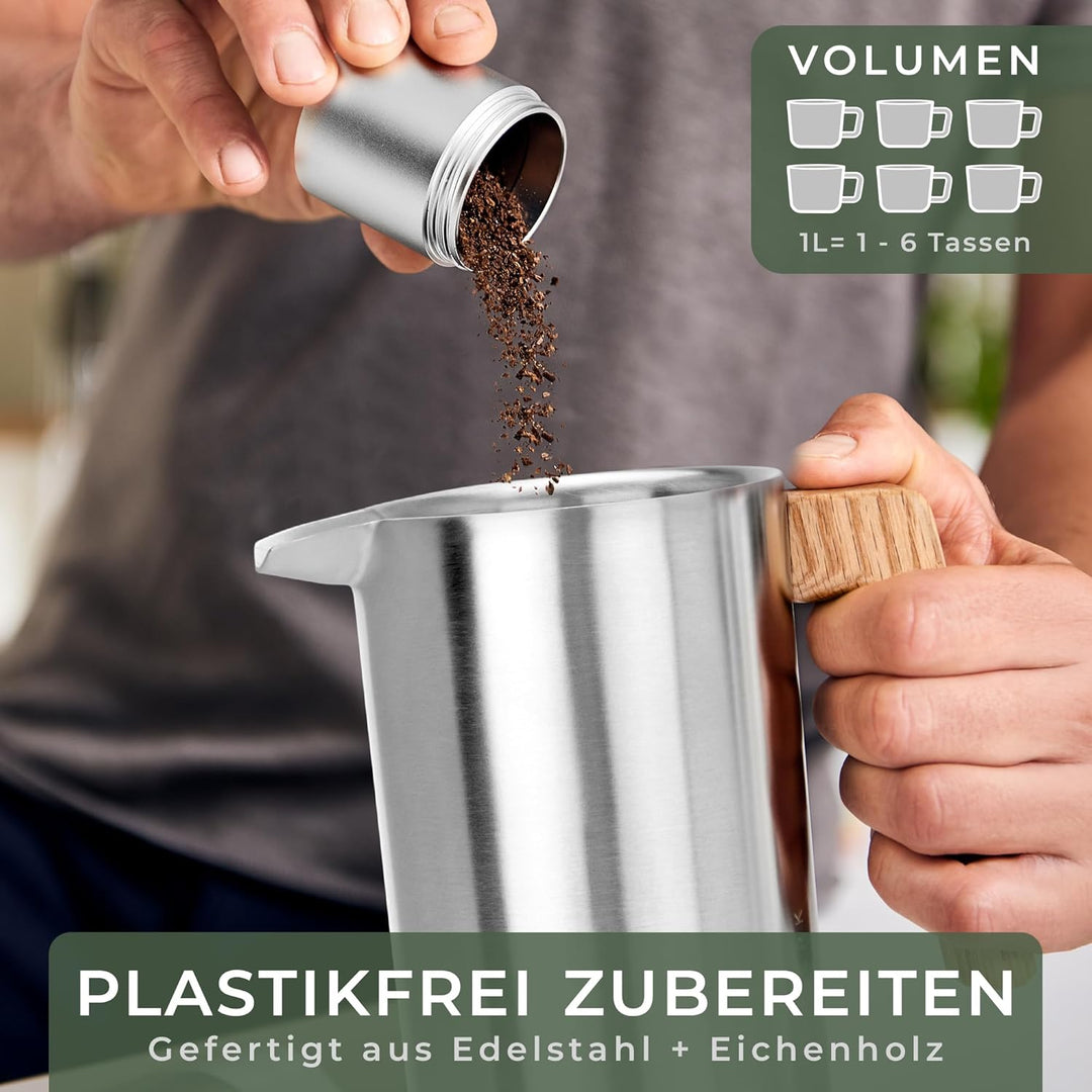 WALDWERK French Press (1L) - Kaffeebereiter aus doppelwandigem Edelstahl mit Holzgriff aus Eichenh