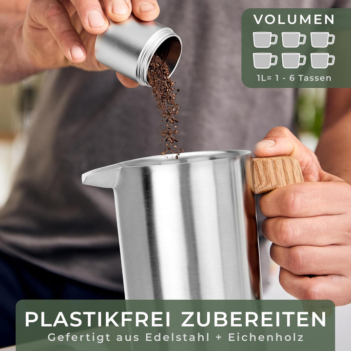 WALDWERK French Press (1L) - Kaffeebereiter aus doppelwandigem Edelstahl mit Holzgriff aus Eichenh