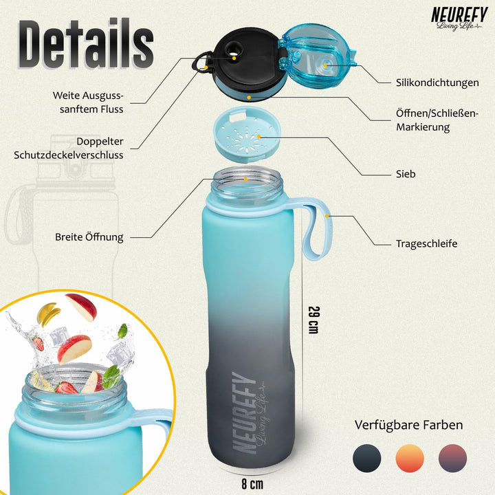 NEUREFY Trinkflasche 1L Tritan Himmelblau - Auslaufsicher, Grifffest, BPA-frei - Sportflasche mit An