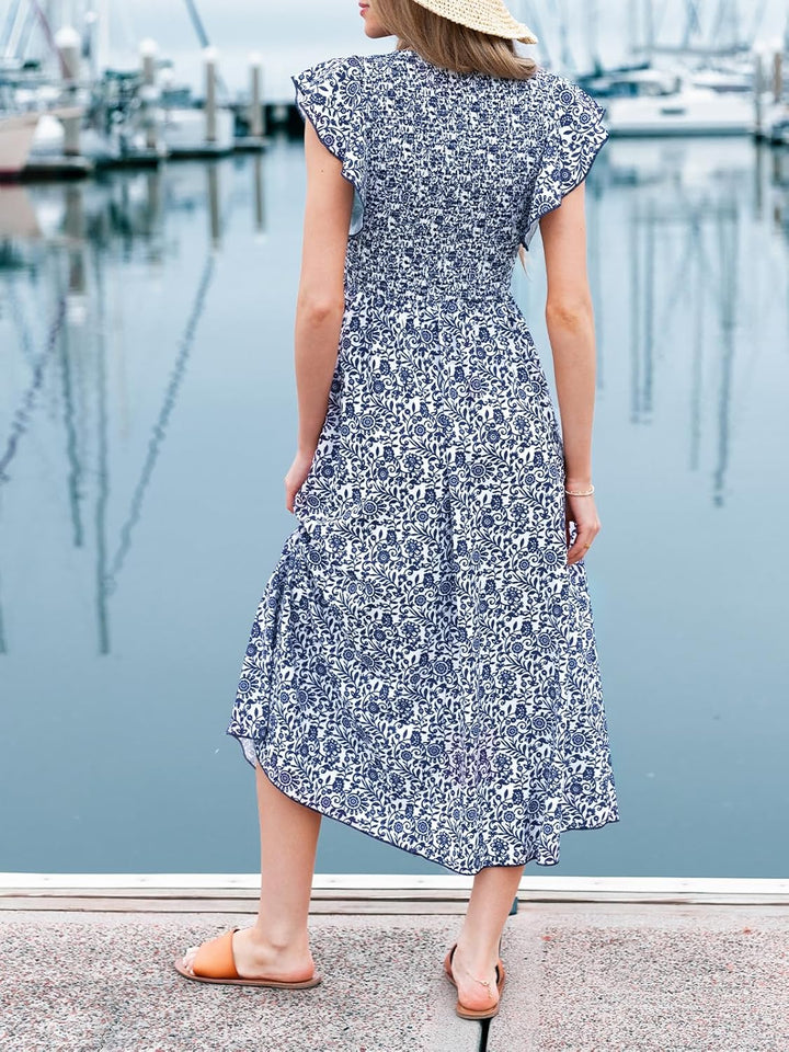 CUPSHE Damen Sommerkleid Quadratischer Ausschnitt Volantärmel Nadelstreifen A Linie Gesmoktes Maxikl