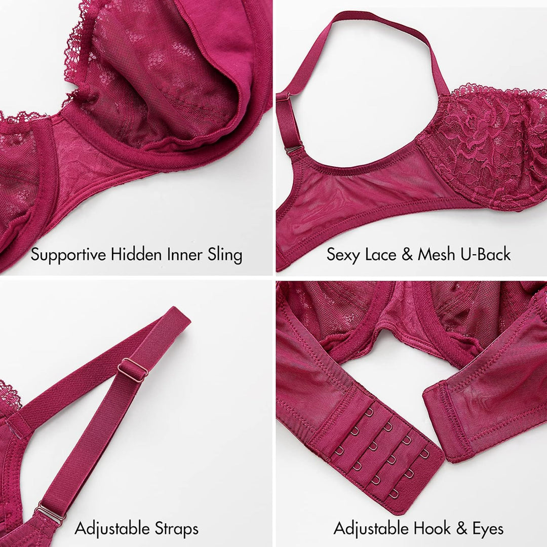 DELIMIRA Damen Spitze Balconette Push Up BH Sexy mit Bügel ohne Einlagen 90D Aubergine, 90D Aubergin