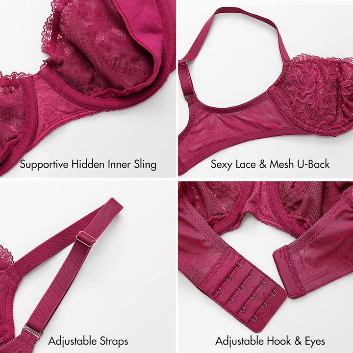 DELIMIRA Damen Spitze Balconette Push Up BH Sexy mit Bügel ohne Einlagen 90D Aubergine, 90D Aubergin