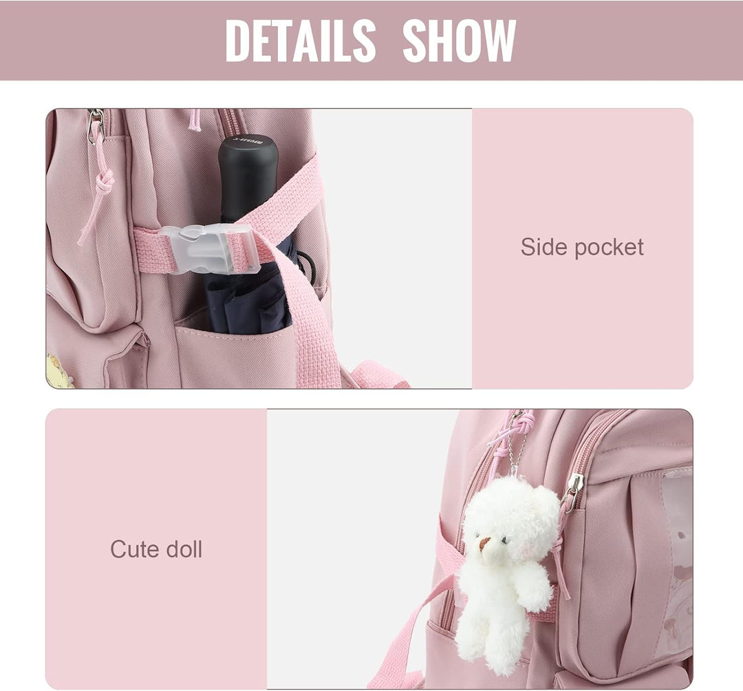 7VSTOHS Kawaii-Rucksack mit Kawaii-Anhänger und Zubehör für Teenager-Mädchen Rucksack-Schule Aesthet