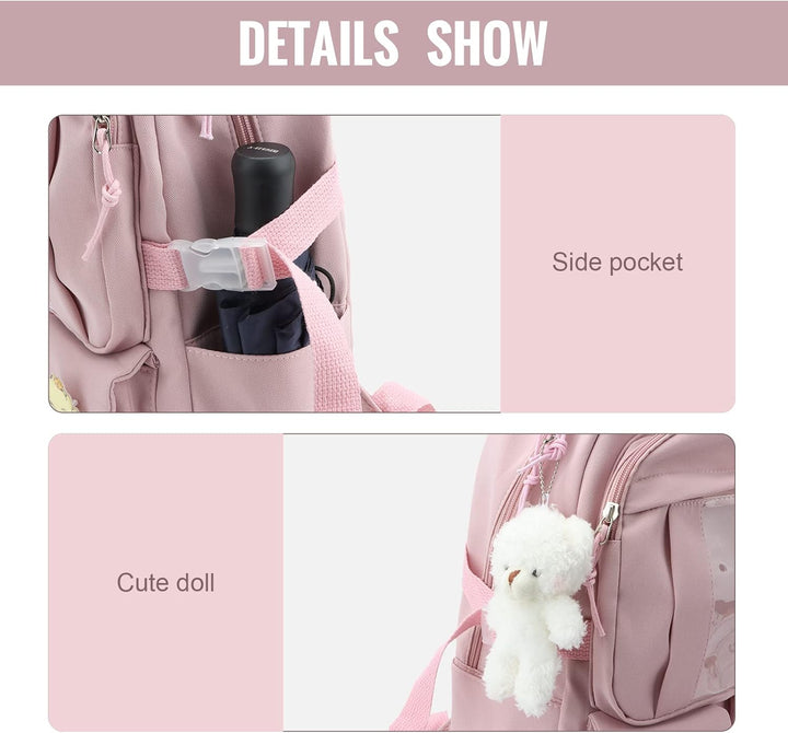 7VSTOHS Kawaii-Rucksack mit Kawaii-Anhänger und Zubehör für Teenager-Mädchen Rucksack-Schule Aesthet