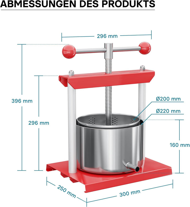 Wiltec Obstpresse 6L Weinpresse aus Stahl Edelstahlkorb Fruchtpresse mit 2-armigen Drehgriff Saftpre