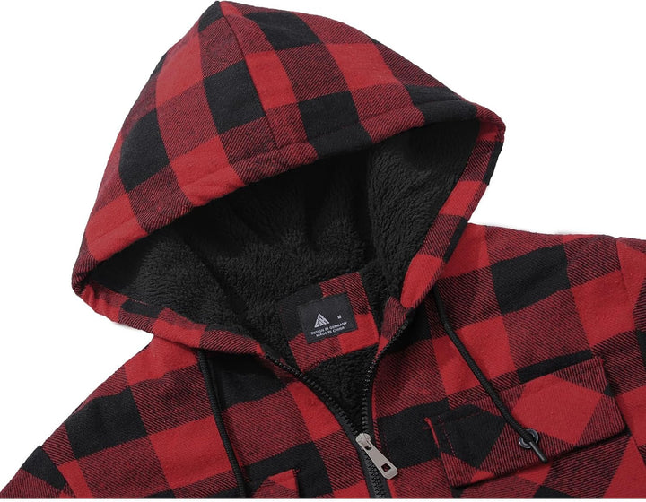JACKETOWN Herren Fleecejacke Flanell Hemdjacke mit Kapuze Übergangsjacke Warm Gefüttert Kariertes Ho