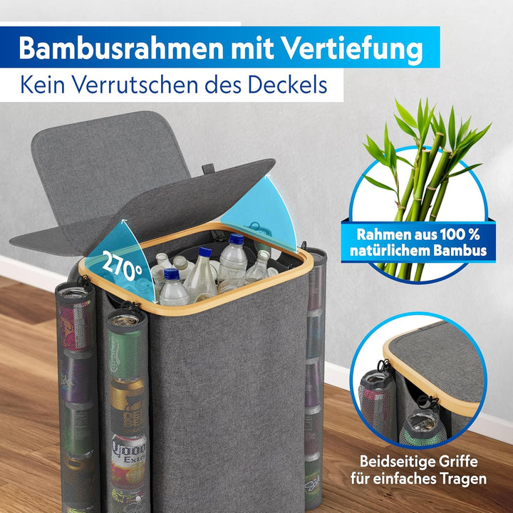 Pfandflaschen Sammelbehälter mit Deckel und Kordelzug - 100L, 1 Fach, 2x Tragetasche für PET Flasche