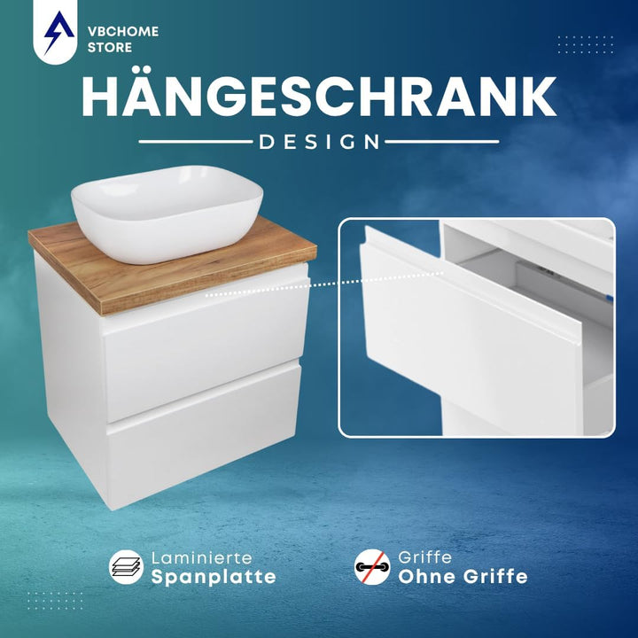 VBChome Badmöbel 50 cm Weiss Aufsatzwaschbecken 48x35 cm Aufsatzwaschtisch mit Waschbeckenunterschra