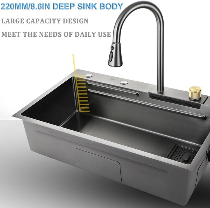Schwarze Nano-Küchenspüle Edelstahl Wasserfallspüle Set Nanobeschichtete Arbeitsplatzspüle mit herau