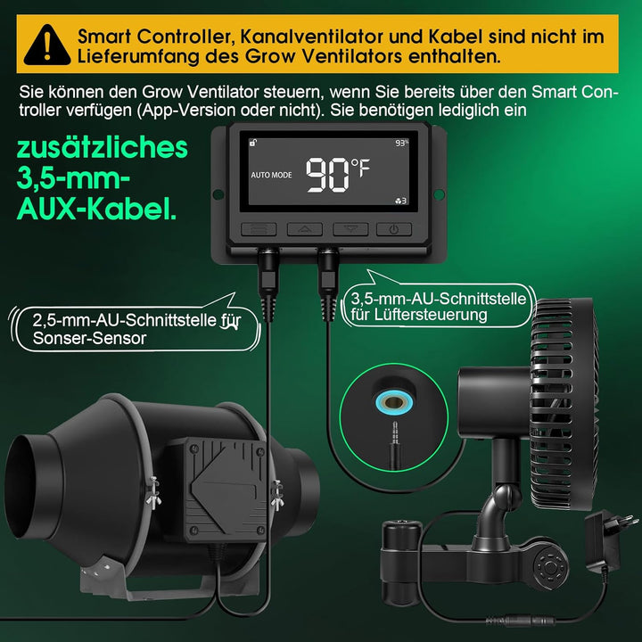 Grow Ventilator Oszillierend, mit Neu Gestaltetem Langlebigem EC-Motor, 4Windgeschwindigkeiten, 180°