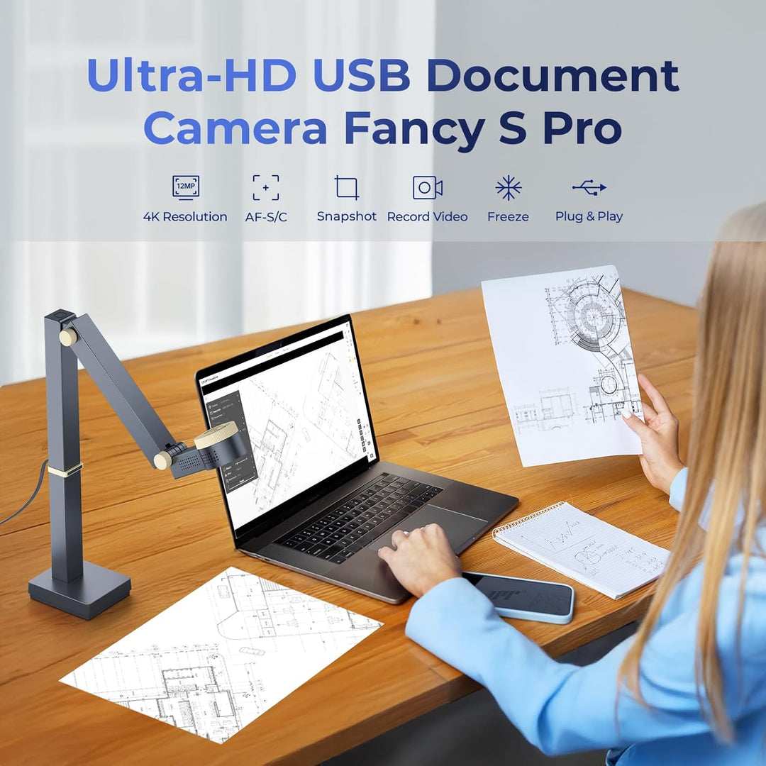 CZUR Fancy S Pro 12MP Dokumentenkamera, HD 4K 60FPS Visualizer Auto-Fokus AF-C/AF-S Mode mit Fulllli