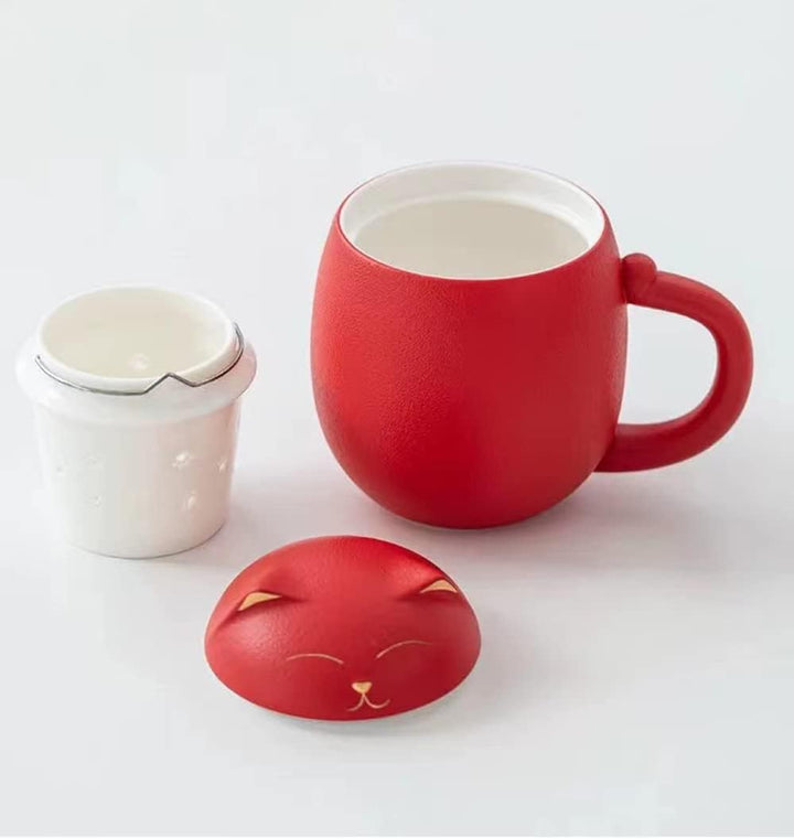 Katzenbecher mit Teesieb und Deckel, Niedliche Teetassen Kawaii-Tasse aus Keramik zum Ziehen, Handge