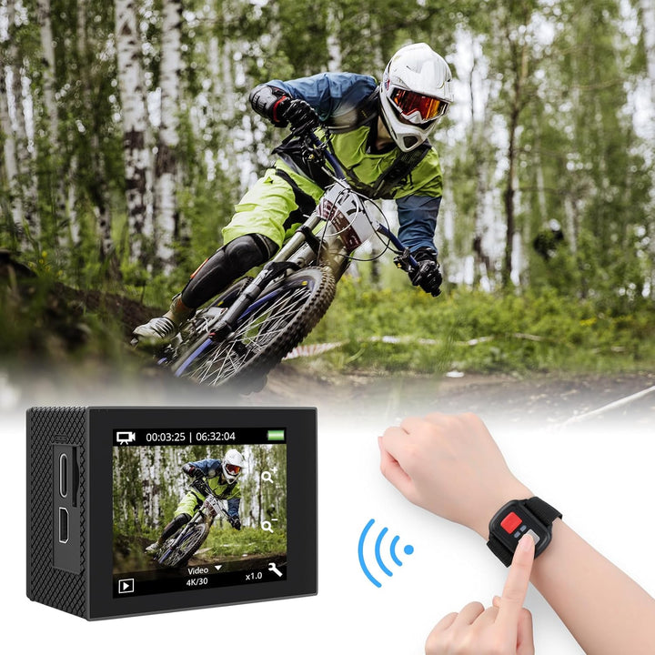 AKASO Action Cam 4K30FPS 20MP mit 60cm Stativ Selfie Stick und Tasche WiFi 40M Unterwasserkamera Was
