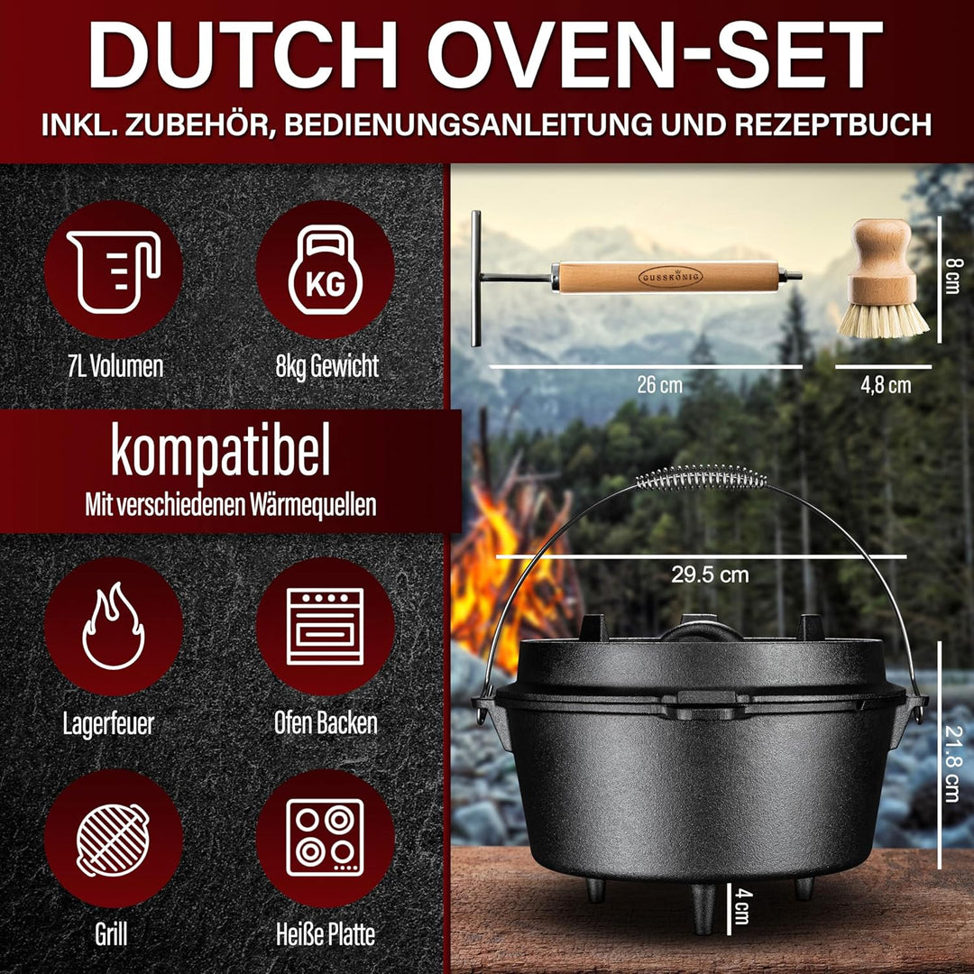 GUSSKÖNIG Dutch Oven Set - Eingebrannter Dutch Oven 7 Liter - Feuertopf Gusseisen mit Füssen - Schmo