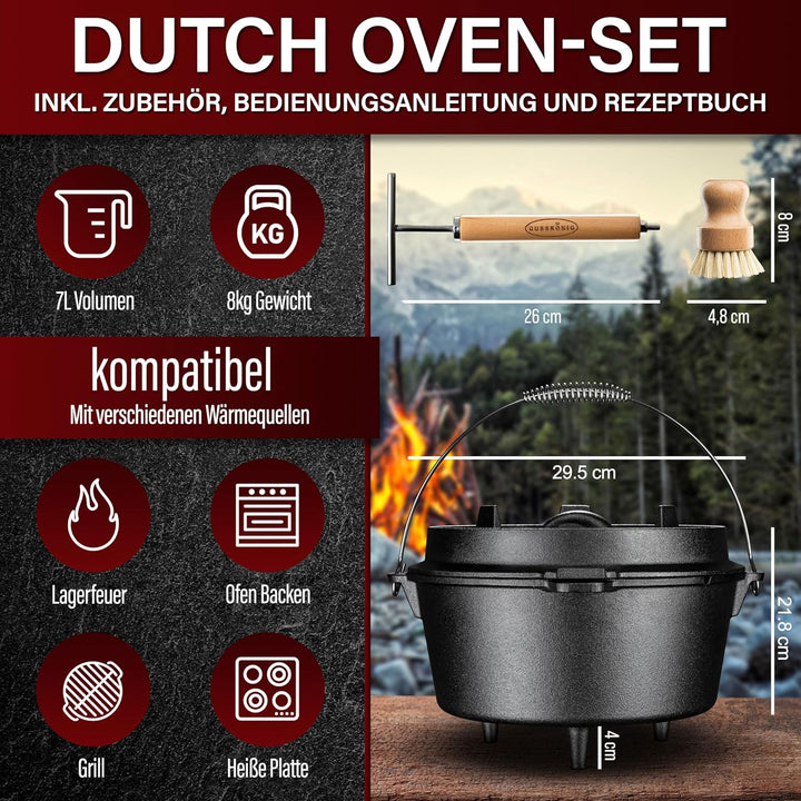 GUSSKÖNIG Dutch Oven Set - Eingebrannter Dutch Oven 7 Liter - Feuertopf Gusseisen mit Füssen - Schmo