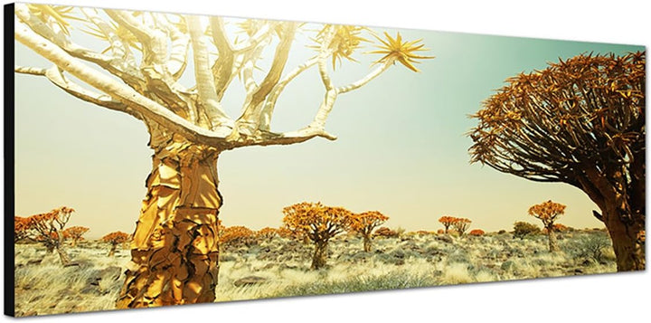 Paul Sinus Art Panoramabild auf Leinwand und Keilrahmen 150x50cm Afrika Wiese Bäume Sonnenstrahlen W