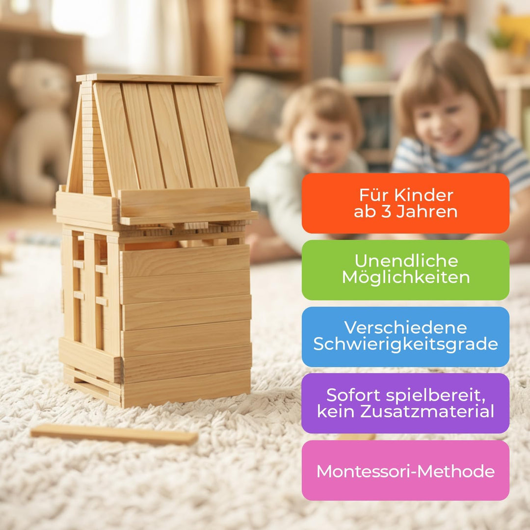 ROXPLE Holzbausteine Natur 2OO Stück, Montessori Spielzeug für Kinder ab 3 Jahren, Klötzchen zum Bas