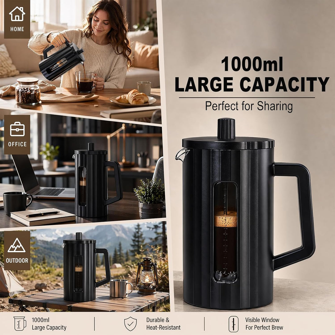 French Press Kaffeepresse 1000ml/34oz, Kaffeezubereiter aus heissfestem Glas mit Edelstahlfilter, BP