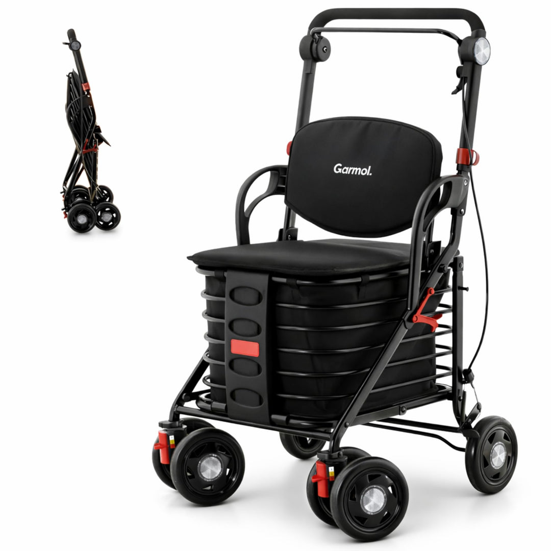 GARMOL Relax Einkaufstrolley mit gepolstertem Sitz, 30 l, faltbar, mit Handbremse und Sicherheit, Ve