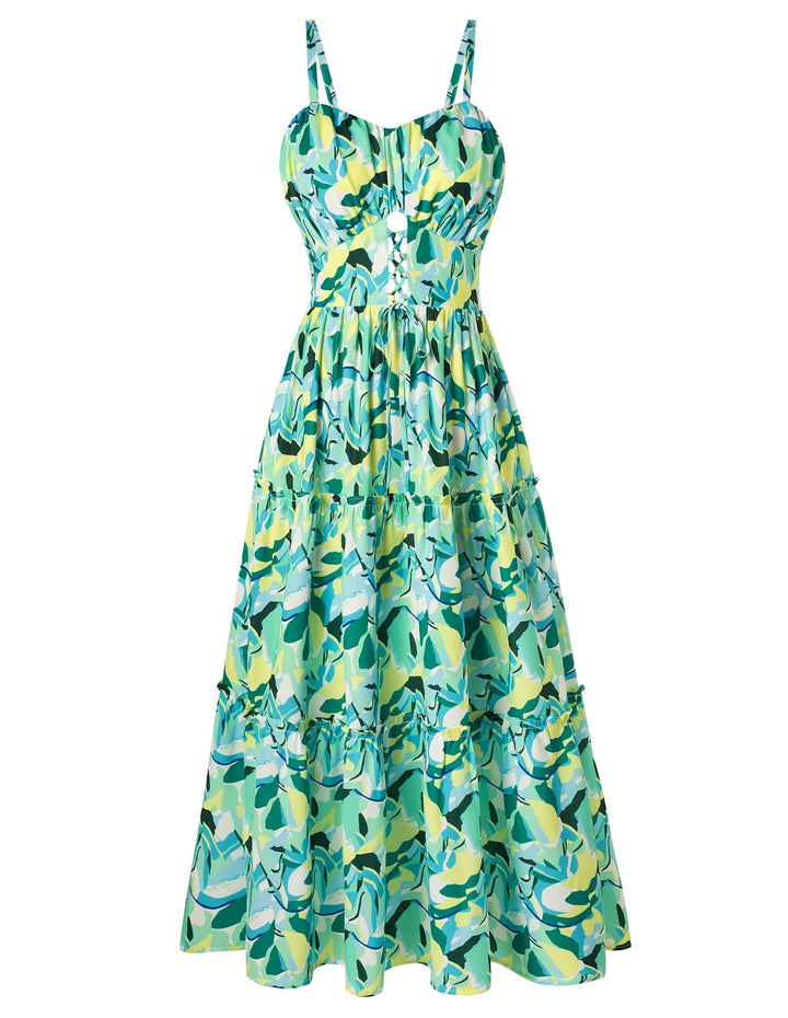 Damen A-Linie ärmellos Kleid rückenfrei Freizeitkleid Blumenmuster Blume M Grün Gelb Blume, M Gr&#