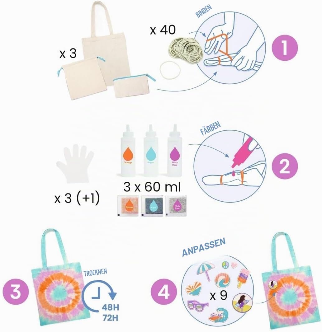 Djeco DIY: Batik-Set Taschen | Batikfarben Set waschfest | Batik Shirt | DIY Set Kinder | Stofffarbe