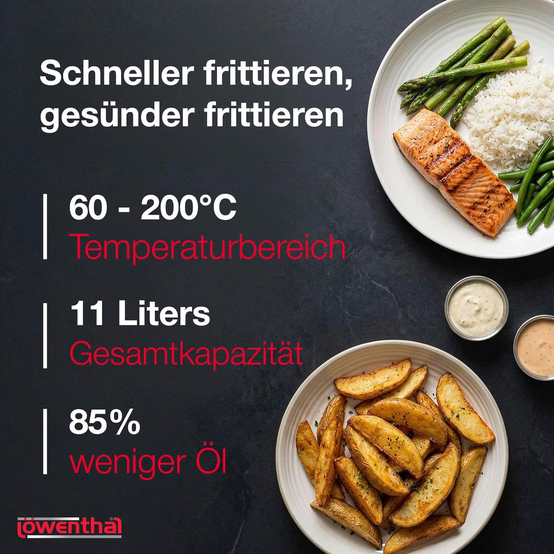 Löwenthal Airfryer XL 11L | Heissluftfritteuse mit Doppelkammer 5.5L + 5.5L | 2800W | Digitales Touc