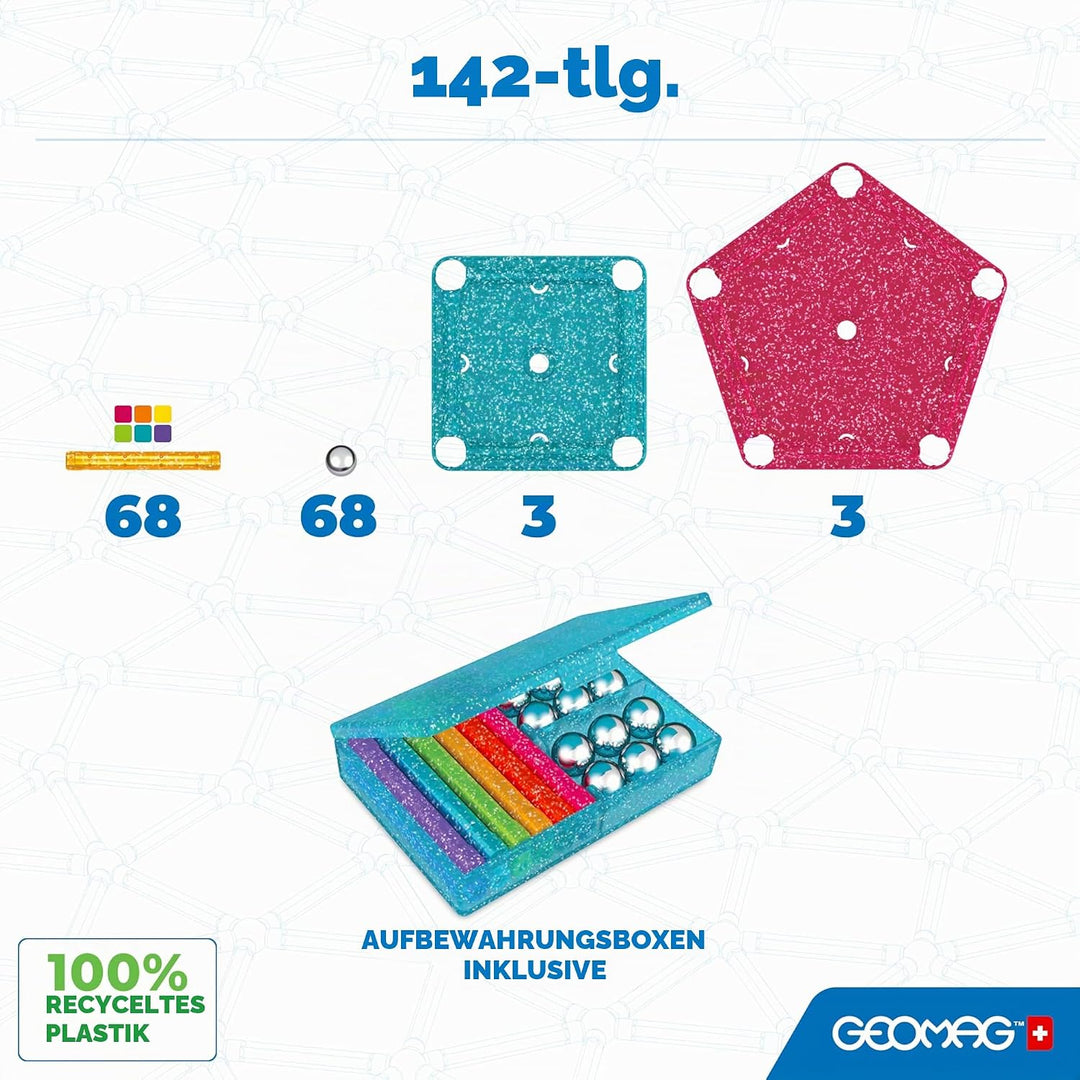 GEOMAG - GLITTER 142 Stück - 100% recyceltes Kunststoff - Magnetisches Bausteinset für Kinder ab 3-4