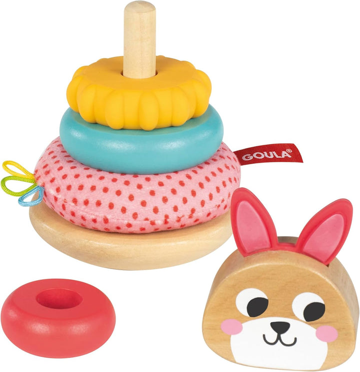 Goula Stacking Rabbit - Stapelhase – Sensorisches Stapelspielzeug mit strukturierten Holz, Silikon &