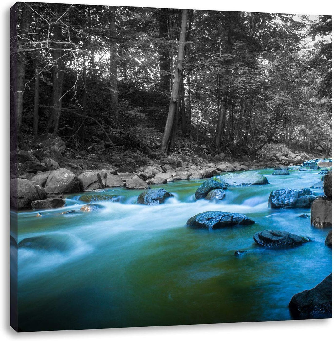 Pixxprint schöner Fluss im Wald mit Steinen schwarz/weiss, Format: 70x70 auf Leinwand, 70x70