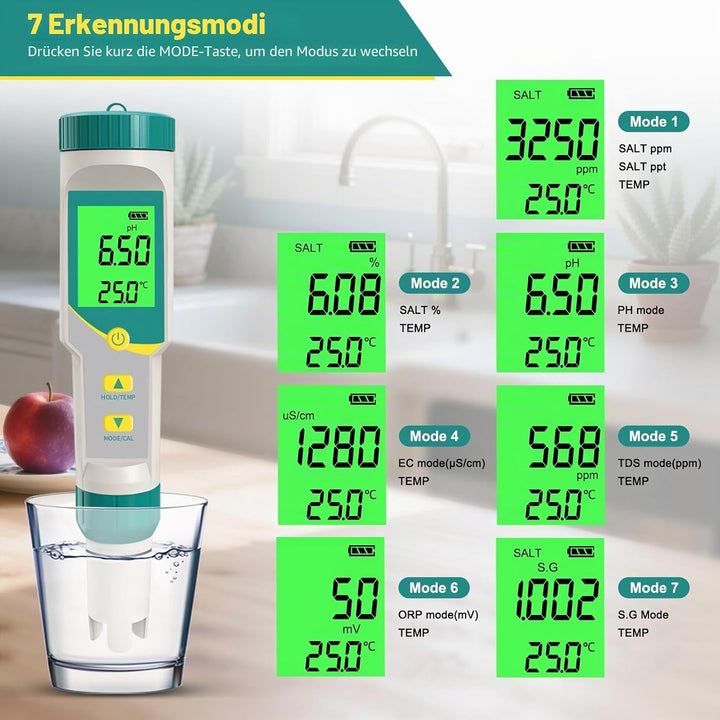7in1 PH Messgerät Wasser, TDS, ORP, Salz, Temp - PH Wert Messgerät, ein praktisches tragbares Messge