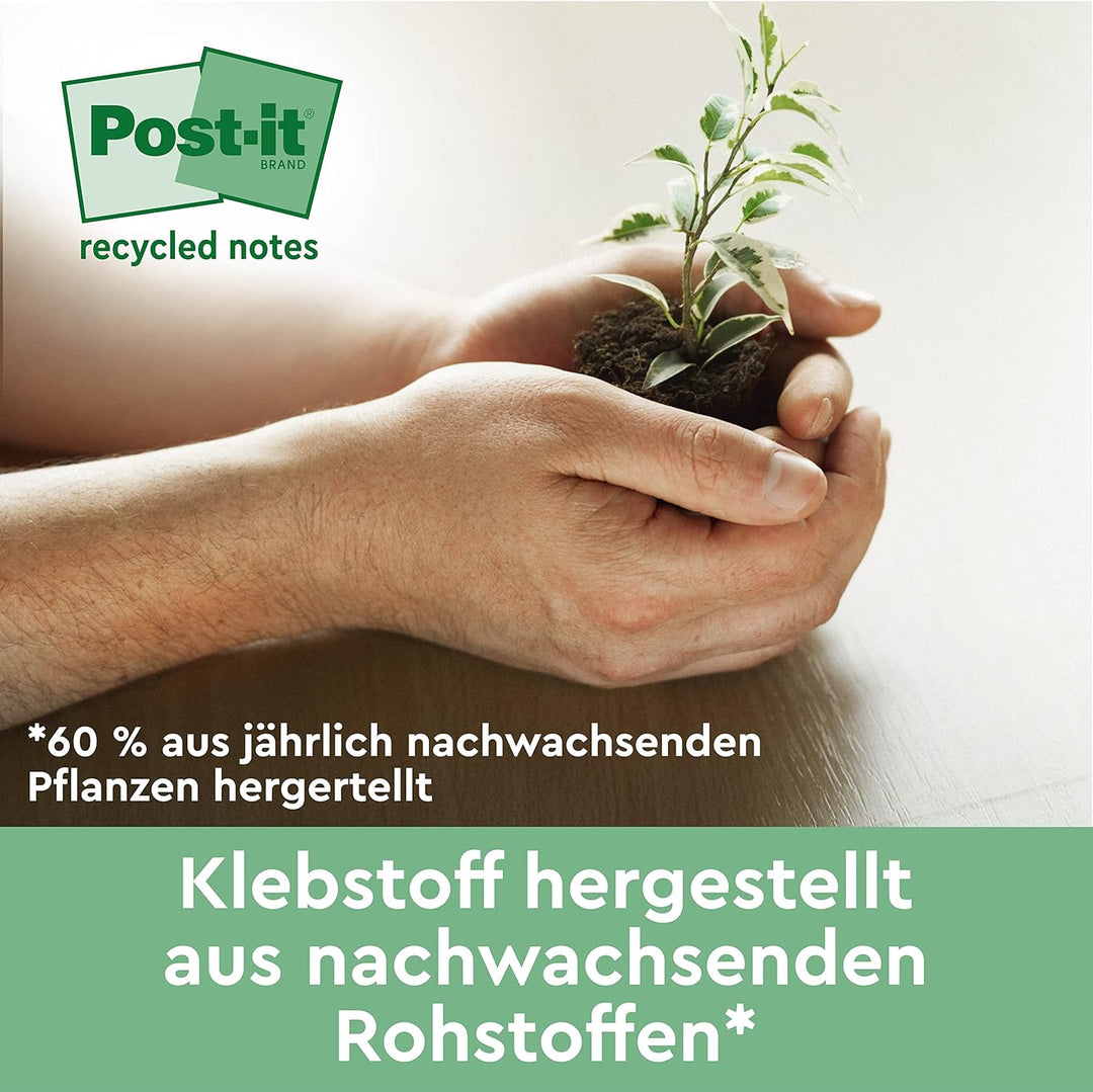 Post-it Recycling Notes, Assortierte Farben, Packung mit 16 Blöcken, 100 Blatt pro Block, 76 mm x 12