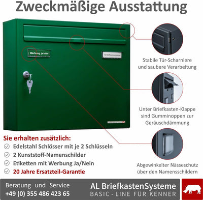 AL Briefkastensysteme Basic 1er Briefkasten RAL 6005 Moos Grün 1 Fach DIN A4 wetterfest Briefkastena
